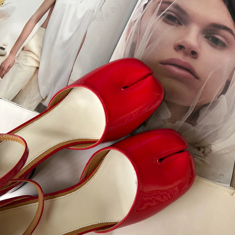 Luxury Design Fashion Split Toe Shoes 2025 High Quality Red Women Tabi Pumps Genuine Leather Low Heels High Heels