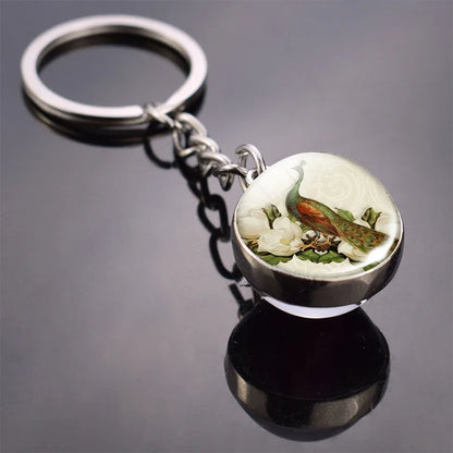 Animals Cute Keychain Cat Dog Bear Peacock Rabbit Squirrel Phoenix Double Side Glass Ball Pendant Keyring Jewelry Key Chain Gift