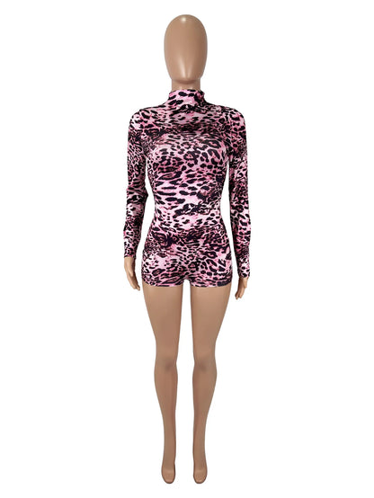 Sexy Round-neck Long-sleeve Leopard-print Tight Slim Bodycon Rompers Bodysuit Women Daily Outfit Summer Clothes Festival