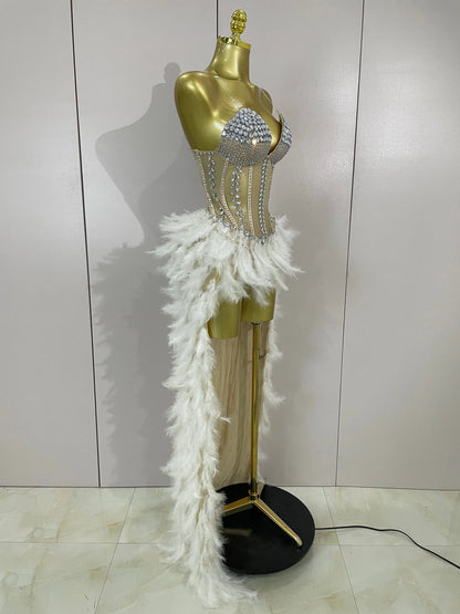 Luxury Sparkly Rhinestones Feathers Long Tail Dress Sexy Mesh Transparent Stage Bodysuit Evening Party Celebrate Birthday Dress