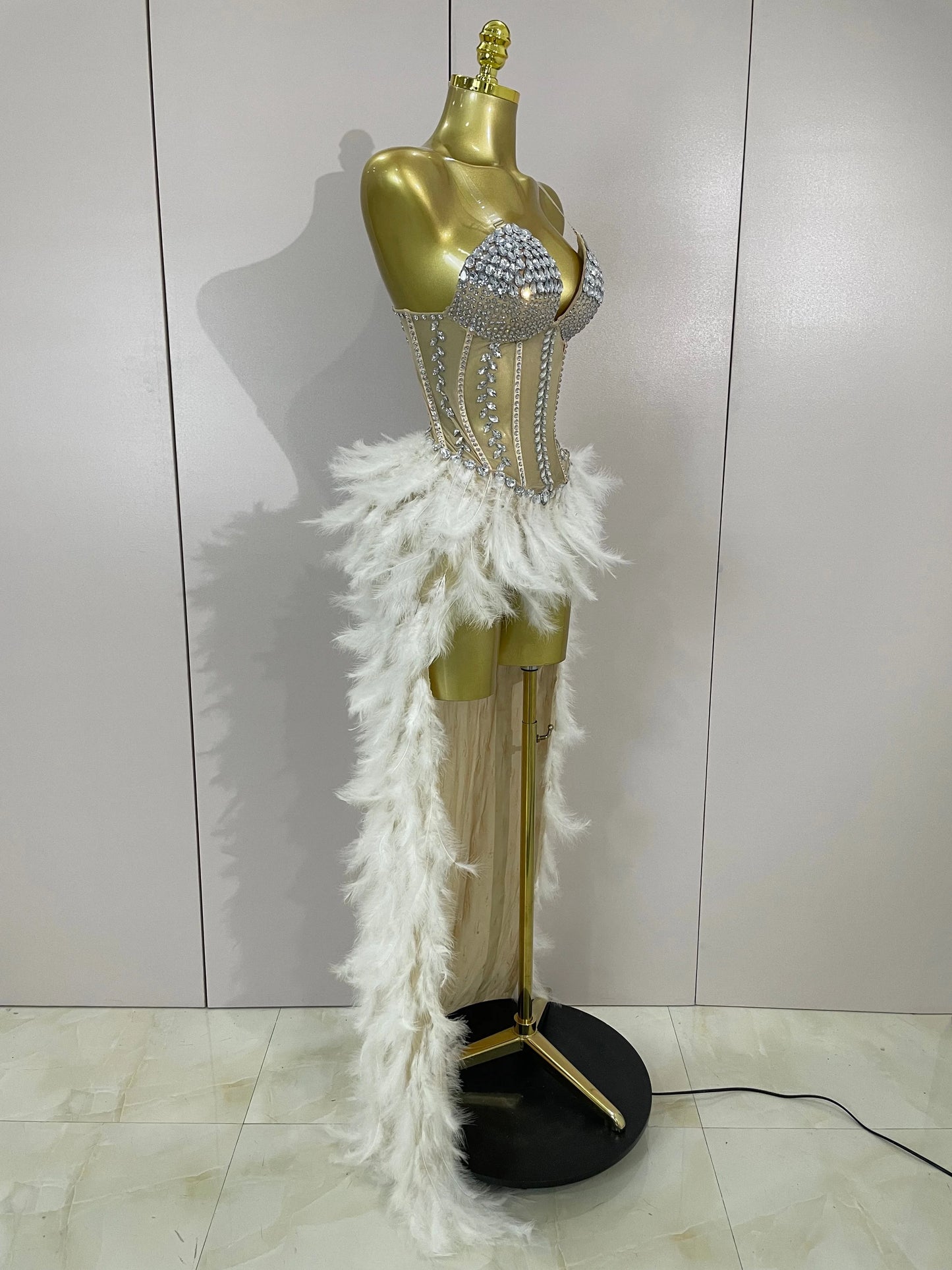 Sparkly Rhinestones Feathers Long Tail Bodysuits Sexy Mesh Transparent Stage Dress Evening Party Celebrate Luxury Birthday Dress