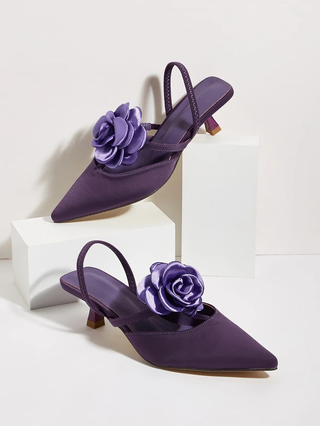 INSIGHTLINK Pink Women's Pointy Toe Kitten Heels Slingback Pumps Elegant Satin Sandal Rose Flower Office Shoes Luxury Stilettos