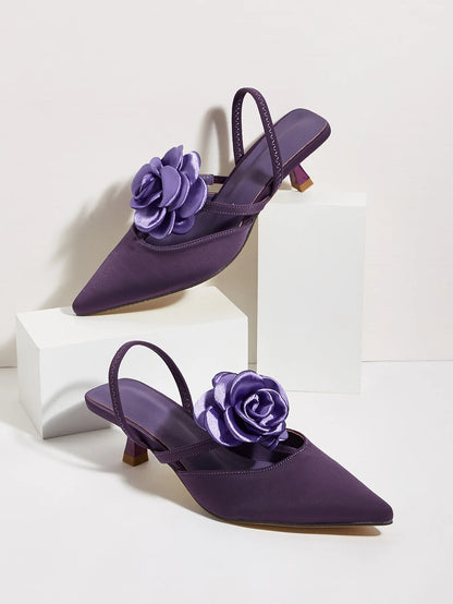 INSIGHTLINK Pink Women's Pointy Toe Kitten Heels Slingback Pumps Elegant Satin Sandal Rose Flower Office Shoes Luxury Stilettos