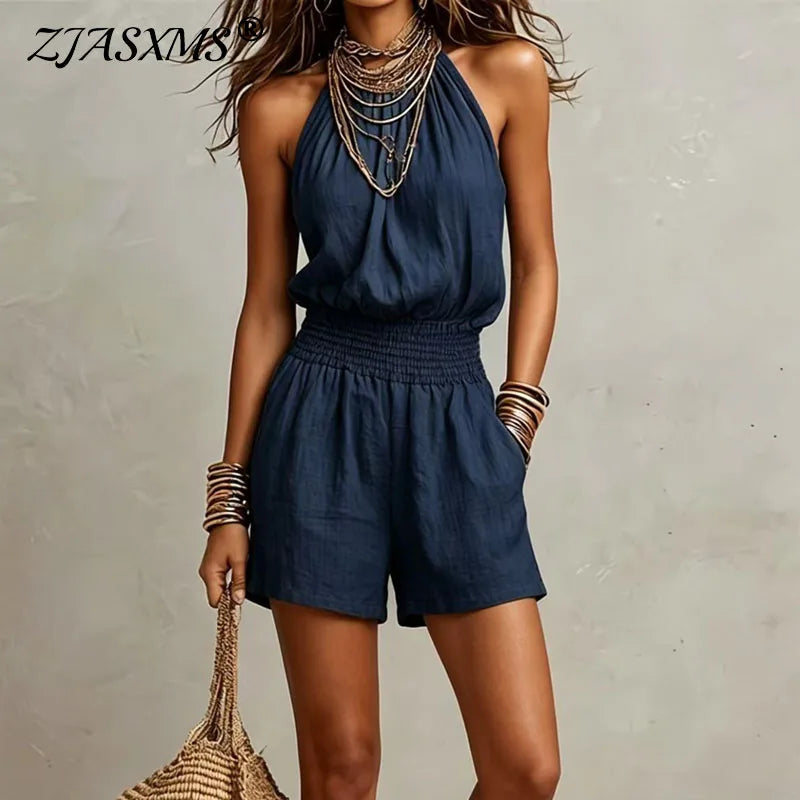 2026 New Boho Halter Sleeveless Romper Womens Waist Casual Wide Leg Short Jumpsuits Backless Sexy Loose Summer Holiday Playsuits