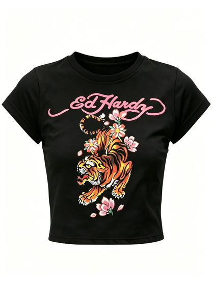 2026 new American retro summer tiger print short sleeved round neck spicy girl top street punk trend niche casual versatile ins