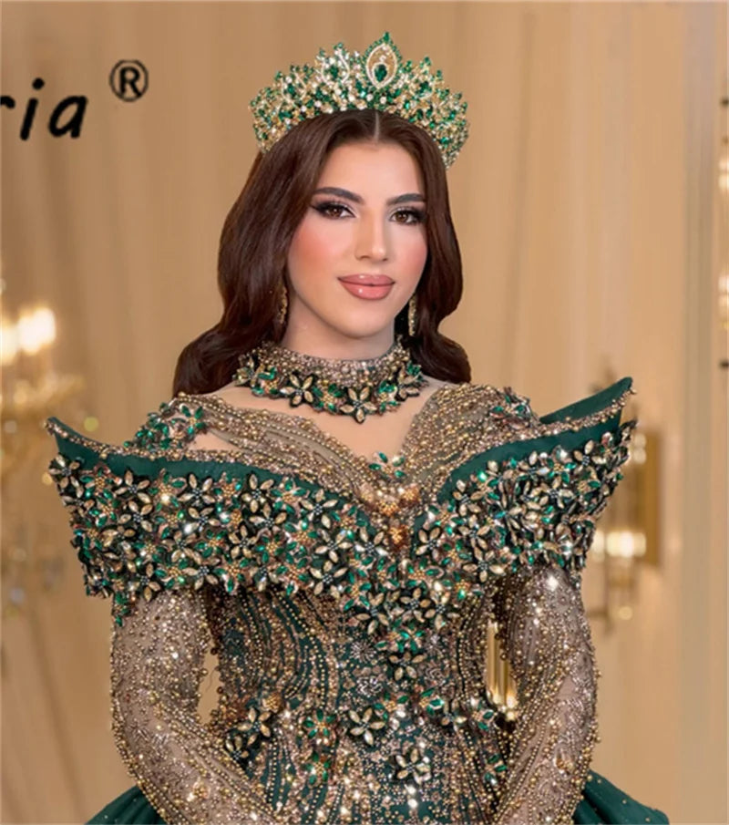 Luxo Muslim Woman Dark Green Evening Dress with Detachable Train Gold Beads Crystal Middle East Wedding Dresses Customized Prom