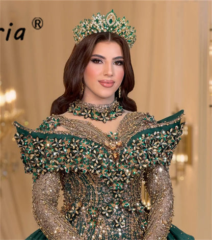Luxo Muslim Woman Dark Green Evening Dress with Detachable Train Gold Beads Crystal Middle East Wedding Dresses Customized Prom