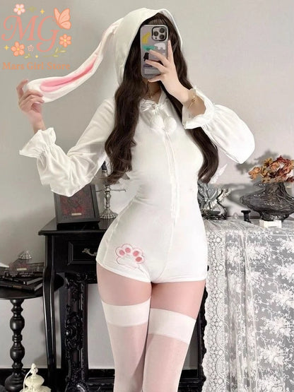 Cute Fluffy Bunny Onesie Women Sweet Plush Loungewear Pajamas Kawaii Hooded Jumpsuit Soft Cozy Homewear Ins Trend Japanese Style