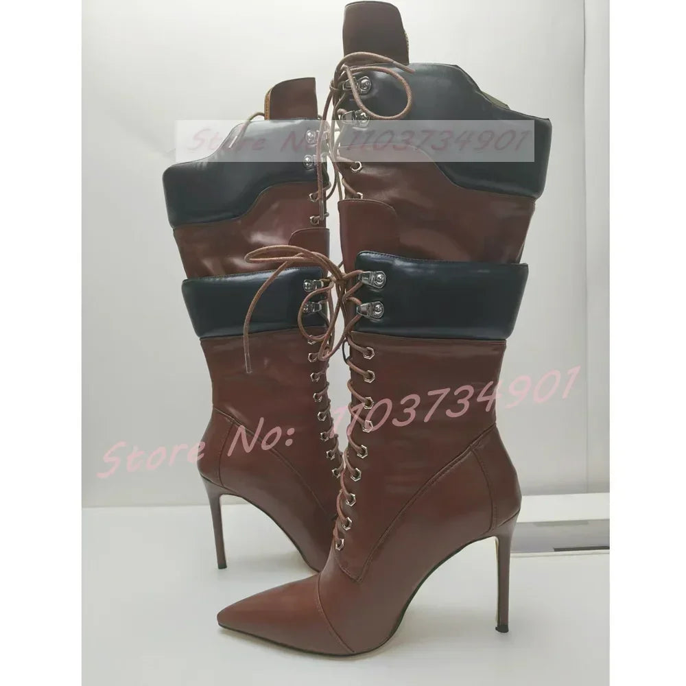Yellow Lace-Up Knee High Stiletto Boots Women Multi-Strap Pointed Toe Fold Over High Heels Boots Female Party Street Style