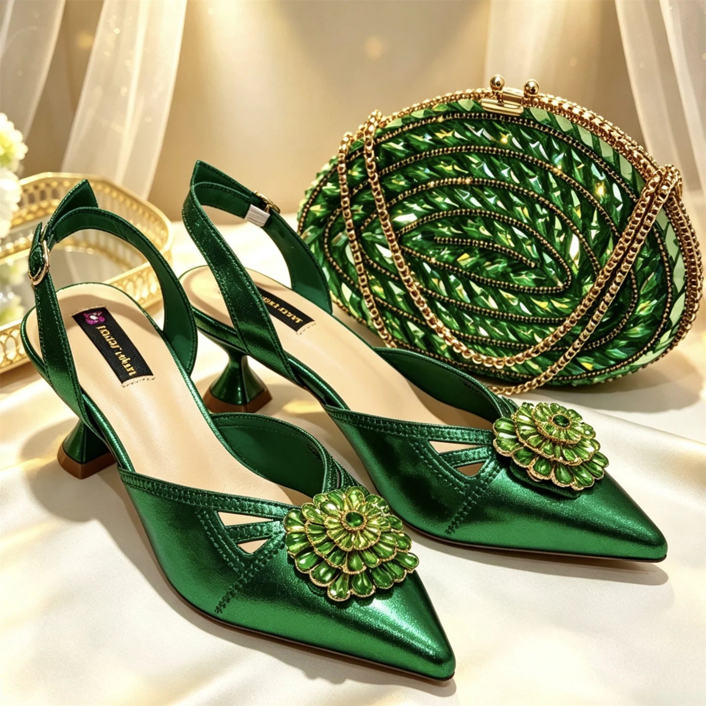New Shoes and Bags Matching Set Nigerian Women Heel Party for Women green Colour Italian Design Wedding INS Design