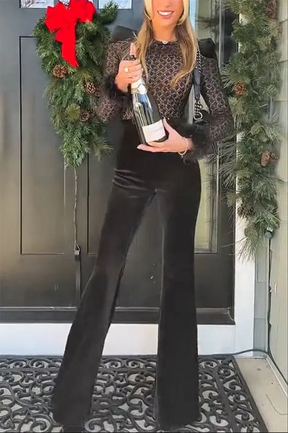 New Women's Fashion Long Sleeve Round Neck Gold Velvet Patchwork Sexy Jumpsuit Ladies Solid Color Slim Fit Jumpsuit For Women