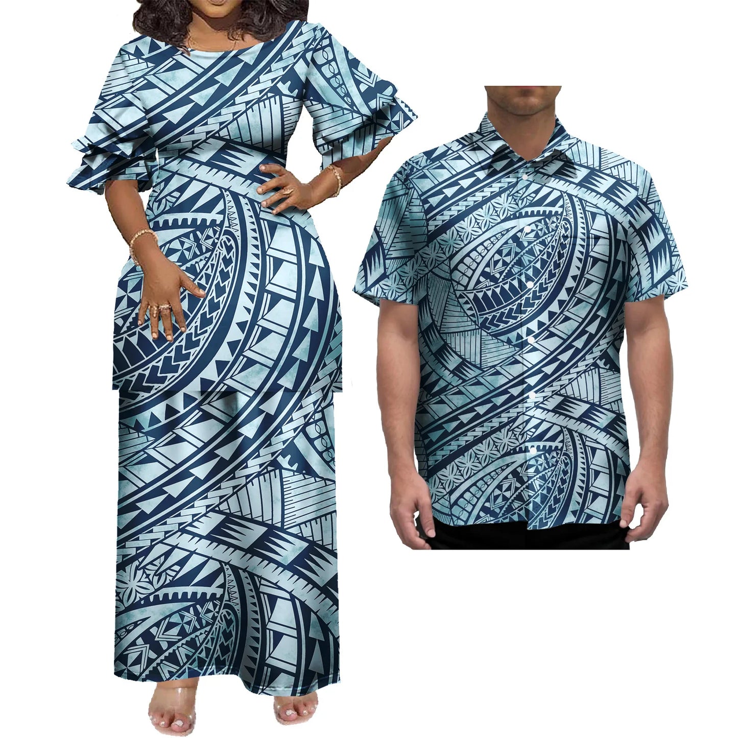 New Wholesale Custom Polynesian Tribal Design Petal Sleeve Samoan Puletasi Set Ptaha Plus Size Women 2 Piece Outfits Sets Dress