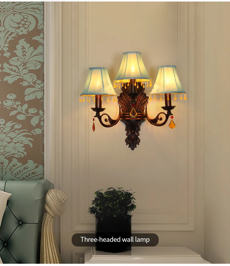 Retro American European Iron Art Red Cloth Crystal Wall Lamp for Hall Restaurant Bedroom Walkway Hotel Bar Decorative Wall Light
