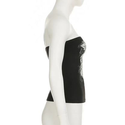 Gothic Print Black Strapless Tube Top Women Skinny Cropped Summer Casual Chic Graphic Tee Y2K Streetwear Basic Vest
