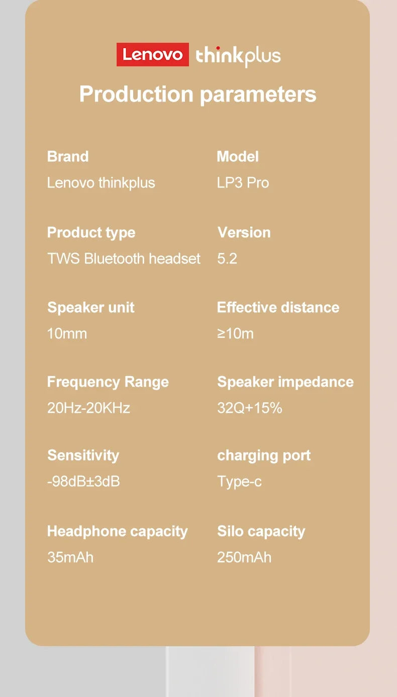 Original Lenovo Lp3 Pro TWS Earphones Wireless Bluetooth 5.3 Earbuds HIFI Sound Noise Reduction HD Call Low Latency Headphones
