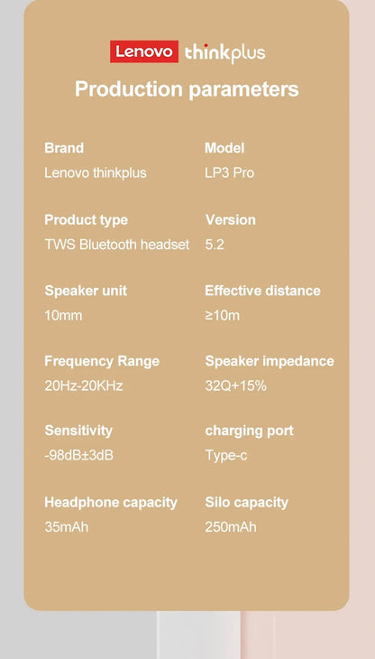 Original Lenovo Lp3 Pro TWS Earphones Wireless Bluetooth 5.3 Earbuds HIFI Sound Noise Reduction HD Call Low Latency Headphones