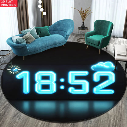 1pc Digital Clock Design Round Rug for Modern Living Room Decor 2D Flat Printed Floor Mat Non-Slip Home Decoration