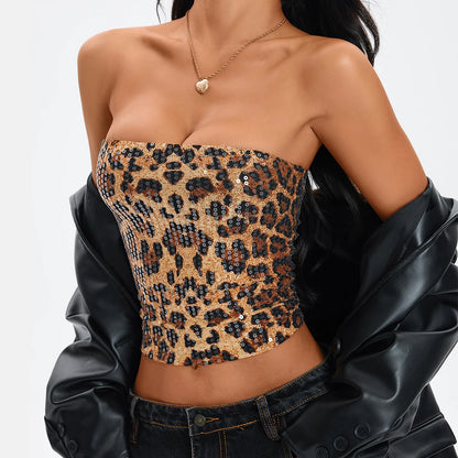 Anfilia Women's Sexy Nightclub Leopard Print Sequin Halter Top, Back Zipper, Slim Fit Inner Tank, Fashionable Y2K Style Tops