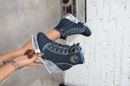 Women's Wedge Sneakers High Top Round Toe Denim-Look Lace-Up Side Zipper Letter Print Detail Casual Platform Ankle Boots 2026