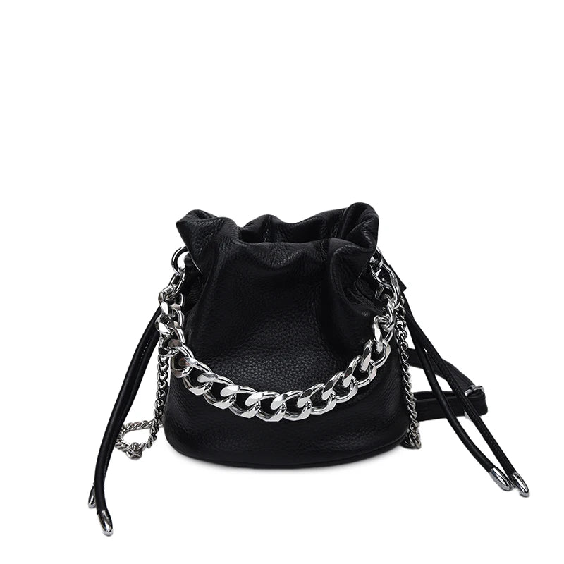 100% Genuine Leather Women Shoulder Crossbody Bags High Quality Solid Color Cow Leather Bucket Handbag Luxury Female Sac