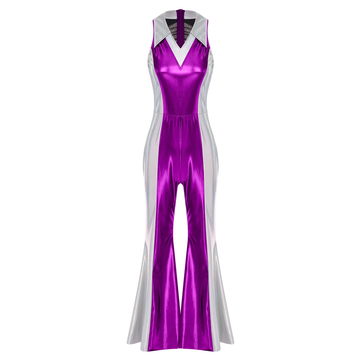 70s 80s Disco Costume Women's Streetwear Jumpsuit Shiny Clubwear Flared Long Pants Rompers Flares Metallic Hippie Party Outfit