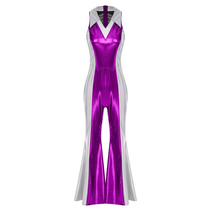70s 80s Disco Costume Women's Streetwear Jumpsuit Shiny Clubwear Flared Long Pants Rompers Flares Metallic Hippie Party Outfit