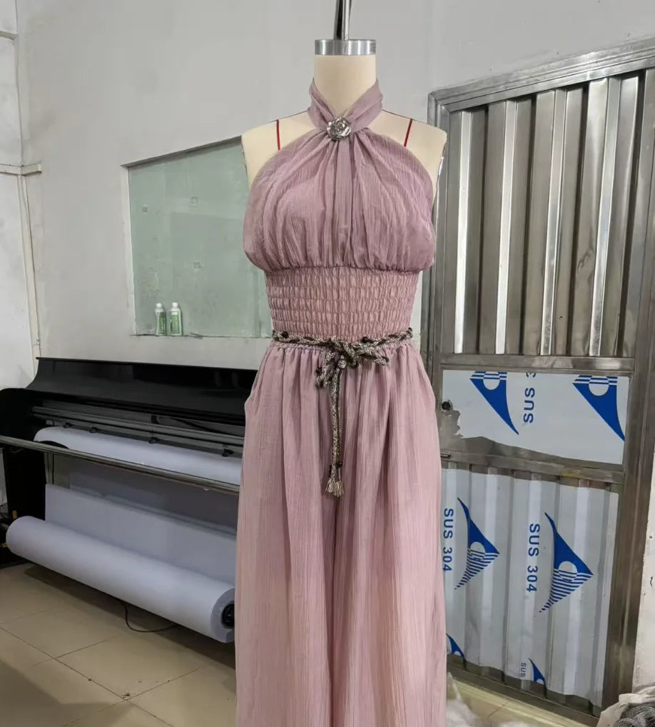 Bohemian Halter Hollow Vacation Jumpsuit Spring Solid Backless Pleated Women's Rompers Summer Sleeveless Wide Leg Pants Overalls