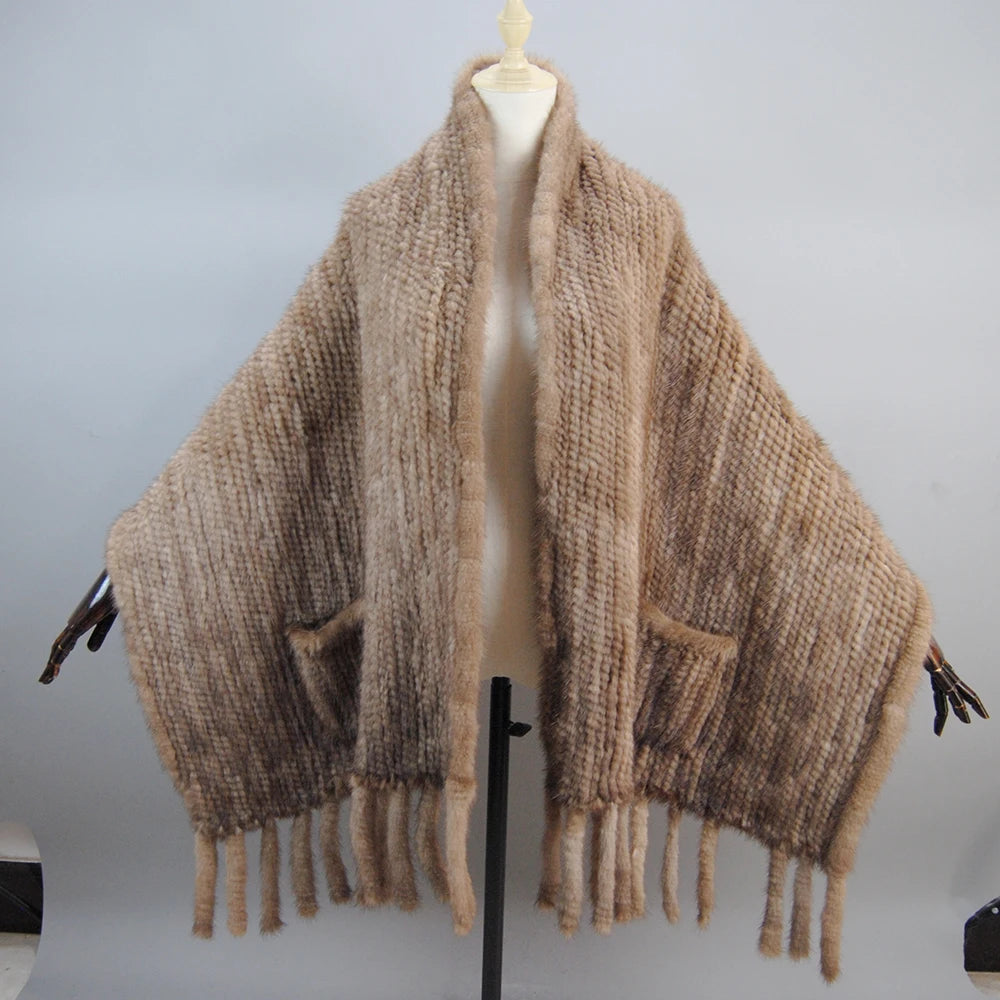 Hot Sale Women Winter Knitted Real Mink Fur Scarf Shawl Natural Warm Mink Fur Pashmina Lady Long Style 100% Genuine Fur Scarves