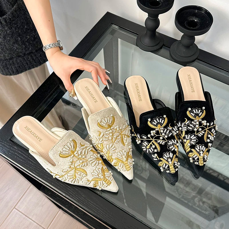 Embroidery Women Mules Slippers Luxury Elegant Pointed Toe Slides Shoes Ladies Sandalias Pointed Bead Embroidery Roman Style