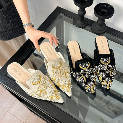 Embroidery Women Mules Slippers Luxury Elegant Pointed Toe Slides Shoes Ladies Sandalias Pointed Bead Embroidery Roman Style