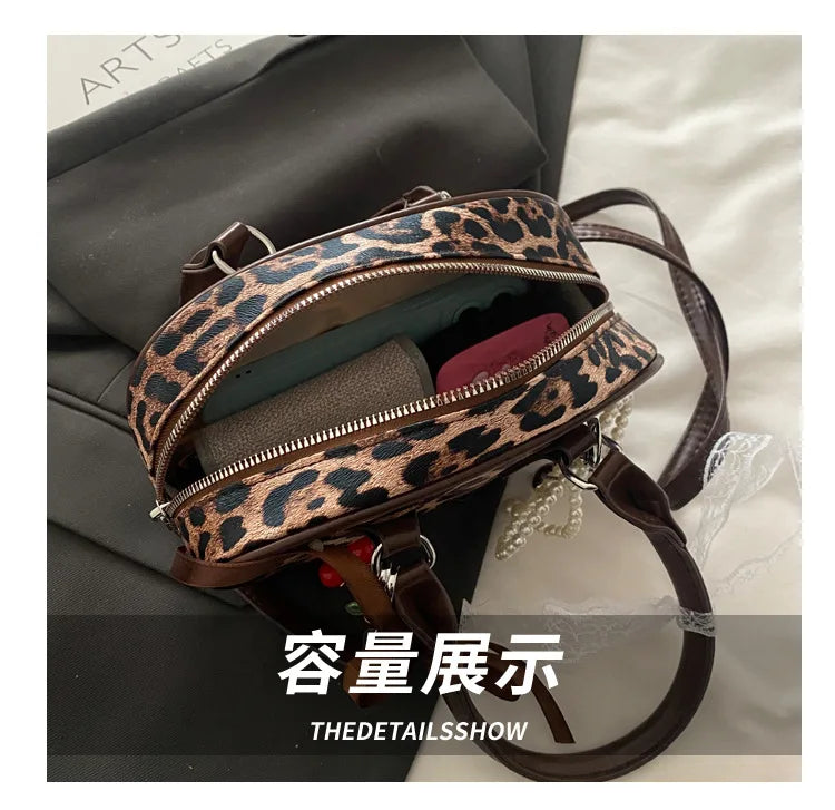 Vintage Leopard Pu Shoulder Bags for Women Portable Trendy Ladies Crossbody Bag Lace Pearl Pendant Female Bowling Handbags