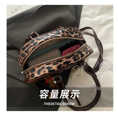 Vintage Leopard Pu Shoulder Bags for Women Portable Trendy Ladies Crossbody Bag Lace Pearl Pendant Female Bowling Handbags