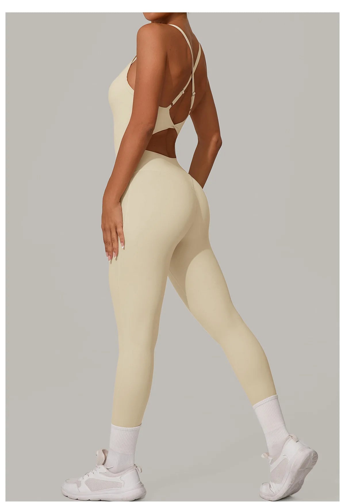 New Nylon Pad V-Neck Wrap Yoga Bodysuit - Adjustable Hook Tummy Control Butt Lift Workout Jumpsuit