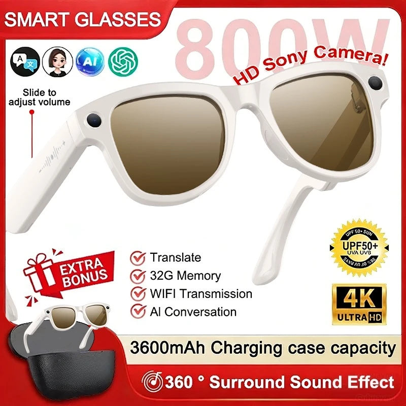 2026 AI Smart Glasses M02 Ultra 1080P HD Camera ChatGPT 3600mAh Charging Case Power Bank 32GB Translation Music Video Sunglasse