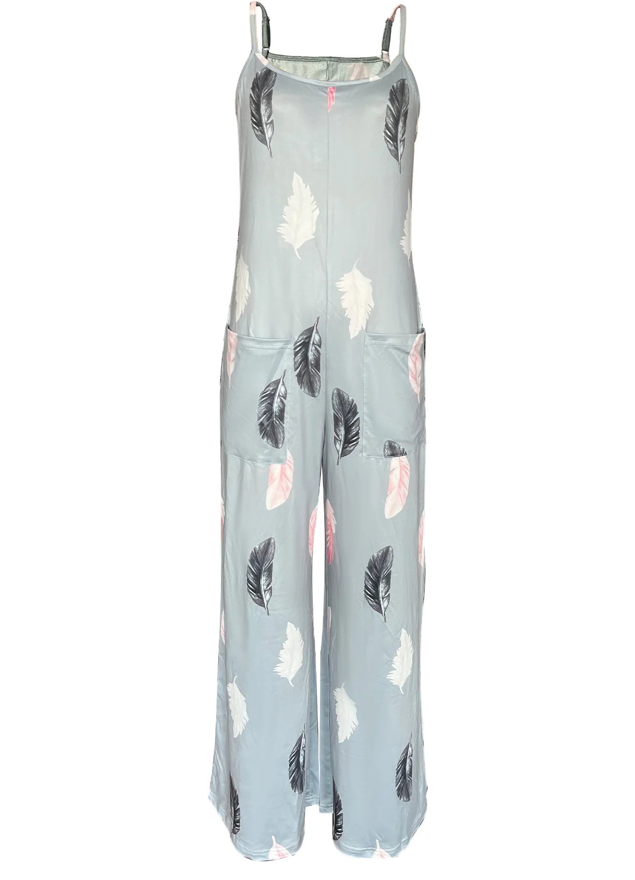 Women's Casual Loose Feather Print Spaghetti Strap Jumpsuit Summer Beach Loungewear With Side Pockets