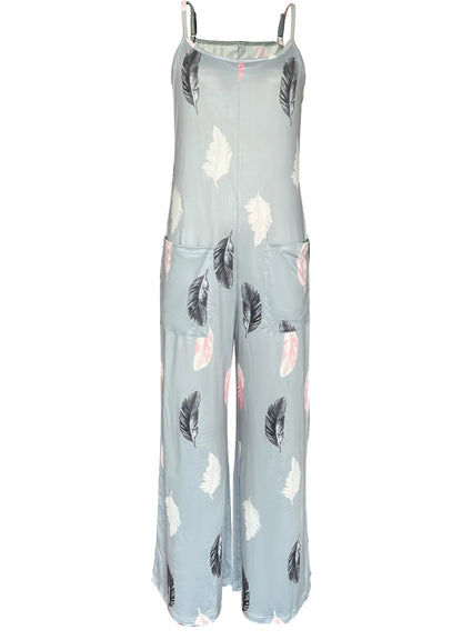 Women's Casual Loose Feather Print Spaghetti Strap Jumpsuit Summer Beach Loungewear With Side Pockets