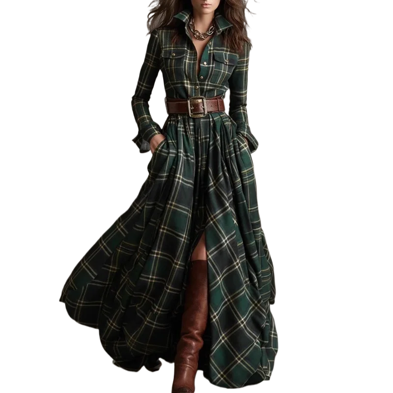 Autumn Vintage Long Sleven Dress for Women Plaid Print Shirt Maxi Dress Vacation Female Elegant Belt Loose Pocket A-line Dresses