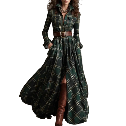 Autumn Vintage Long Sleven Dress for Women Plaid Print Shirt Maxi Dress Vacation Female Elegant Belt Loose Pocket A-line Dresses