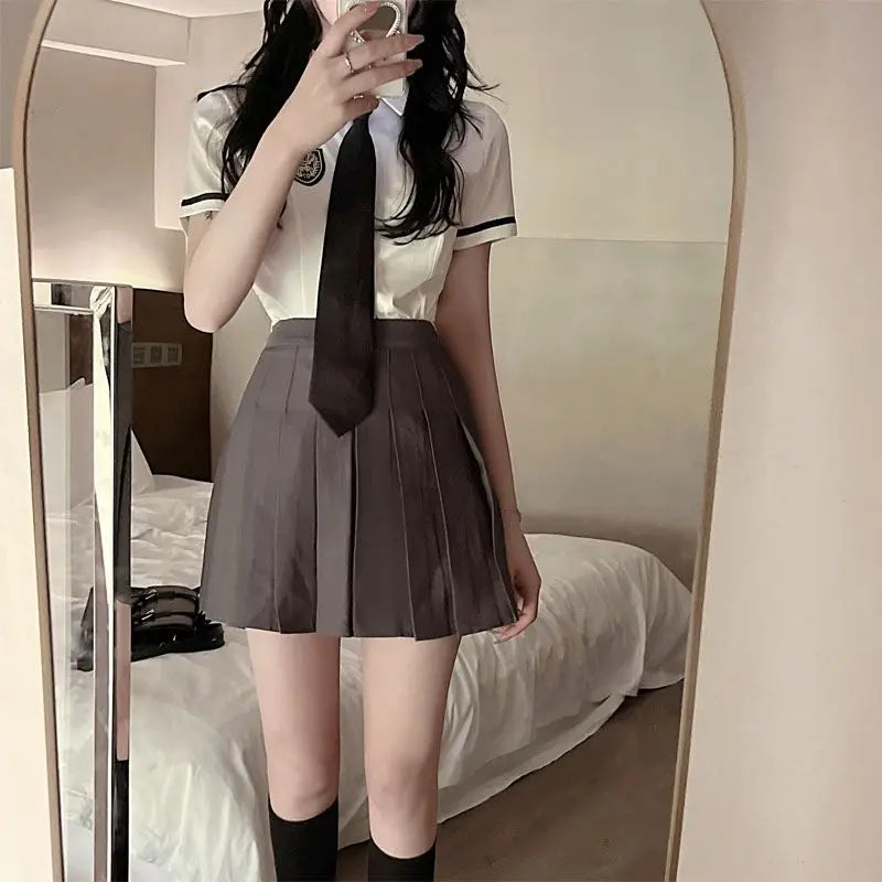 2025 improved daily jk uniform summer new white short/long sleeve shirt + pleated skirt jk uniform two-piece set for women w237