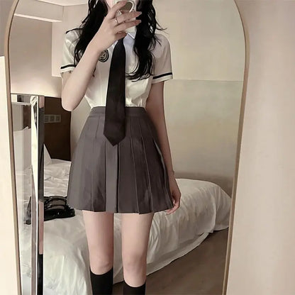 2025 improved daily jk uniform summer new white short/long sleeve shirt + pleated skirt jk uniform two-piece set for women w237