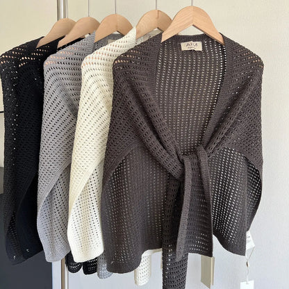 Knitted Hollow T-shaped Shawl for Women 2026 Summer New Thin with Wool Knot Decoration Sun-protective Vest on The Shoulders