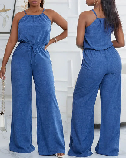 Women's Blue Denim Look Jumpsuit Spaghetti Straps Waist Tie Ideal for Casual Outings Summer Vacations Effortless Chic Styles
