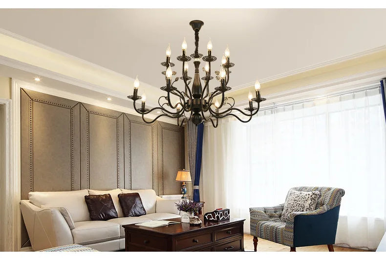 2022 modern black/gold wrought iron candle light retro Europe and America 6 12 16 lights chandelier dining room chandelier