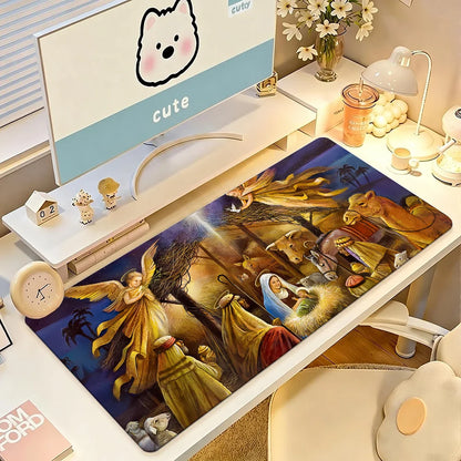 Christmas Nativity Scene Mouse Pad Large Non-Slip Waterproof Mat Stitched Edge Keyboard Pad for Gaming Daily Office