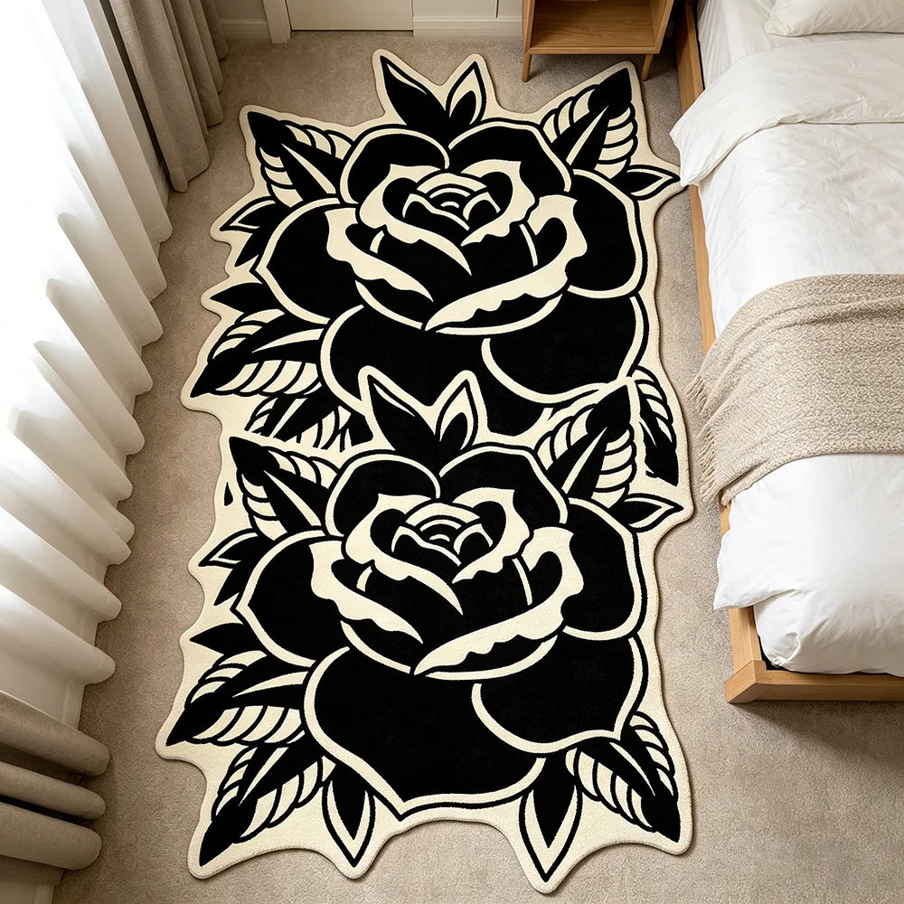 Fashion Retro Black White Rose-Shaped Living Room Carpet Light Luxury Bedroom Bedside Rug Soft Comfortable Floor Mat Home Decor