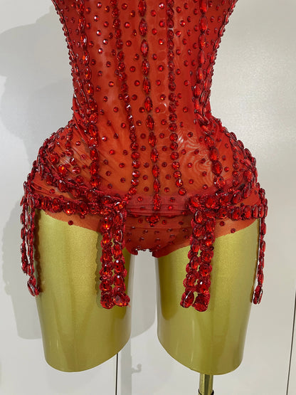 Luxury Sparkly Red Rhinestones Mesh Stretch Bodysuit Women Birthday Party Nightclub Bar Singer Dancer Performance Stage Costume
