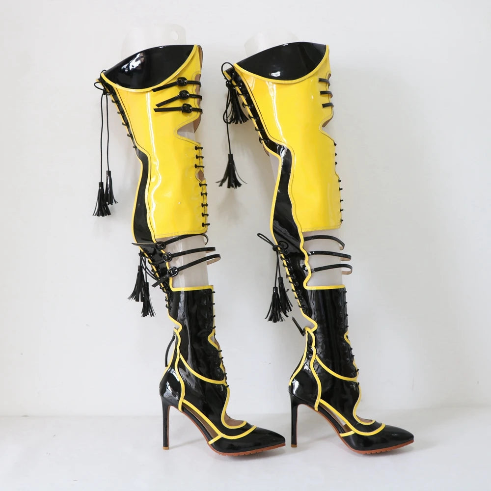 Sorbern Sexy Yellow Black Boots Women Over The Knee Lace Up Back Contrast Colors Pointed Toe Stilettos High Heels Custom Legs