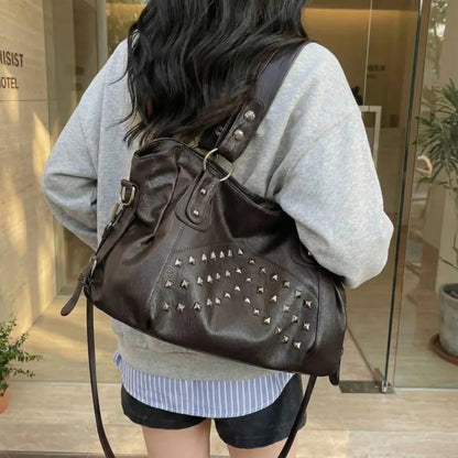 Rivet Punk Large Capacity Handbags Top Quality Sturdy Soft Leather Casual Tote Bag Shoulder Crossbody Bags Daily Commute Travel