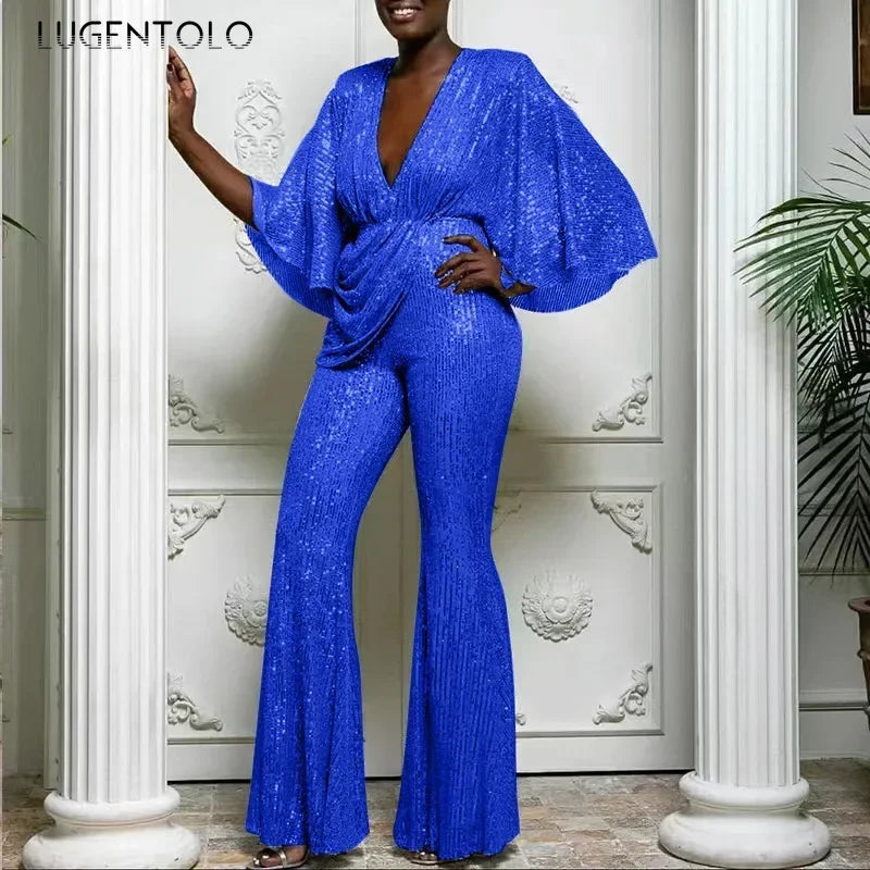 Women's Sequin Jumpsuit Sexy Deep V Backless Lady Elegant Fashion Half Sleeve Wide-leg Trousers New Party Jumpsuits
