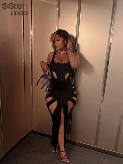 Sisterlinda Sexy Hollow Elegant Midi Dress Women 2023 Summer Sleeveless Hipster Side Split Bodycon Party Clubwear Vestidos Mujer